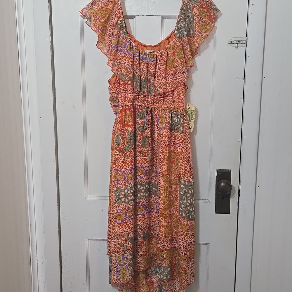 BOHO Orange PAISLEY ON OR OFF SHOULDER HI LO FUN LARGE DRESS